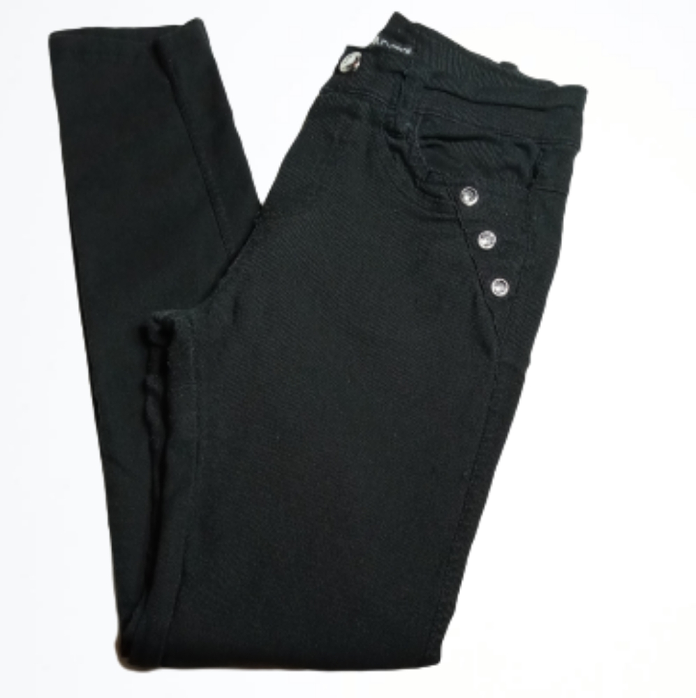 Indero Black Silver Bling Pull On Stretch Skinny Jeans  Sz S/M